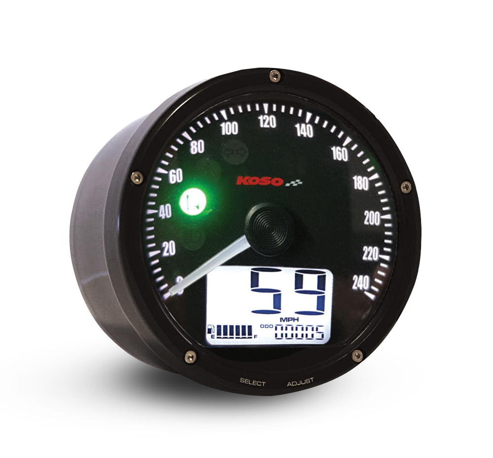 D75 Tachometer mit schwarzem Ziffernblatt, schwarzer Oberflaeche und schwarzer Blende 0-240 km/h oder MPH (einstellbar)