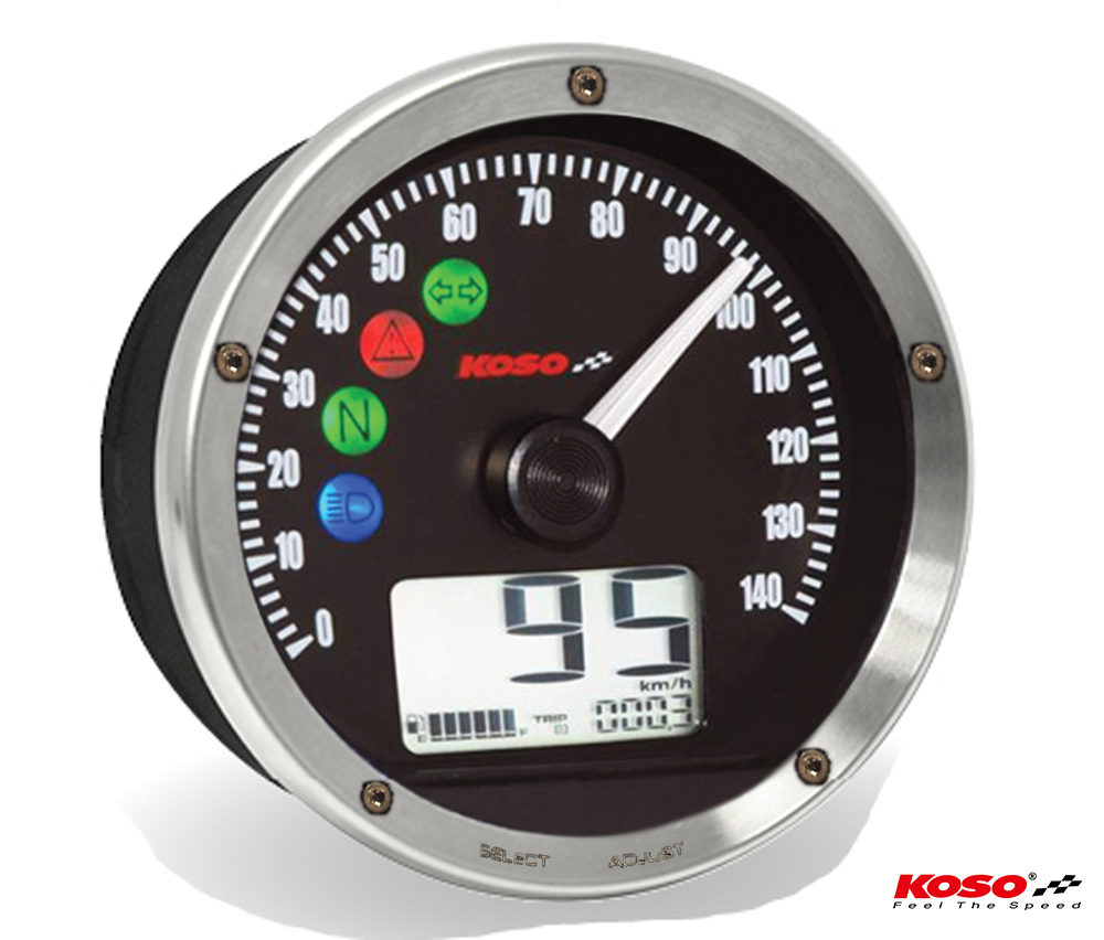 D75 Tachometer mit schwarzem Ziffernblatt, schwarzer Oberflaeche und Chrom-Blende 0-140 km/h oder MPH (einstellbar) mit ABE/KBA