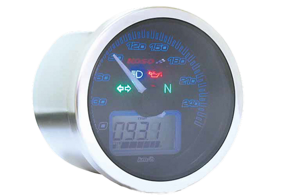 Anleitung Eclipse style Tachometer Koso, schwarzes Display, blau beleuchtet, Anzeige 0-260 km/h / MP