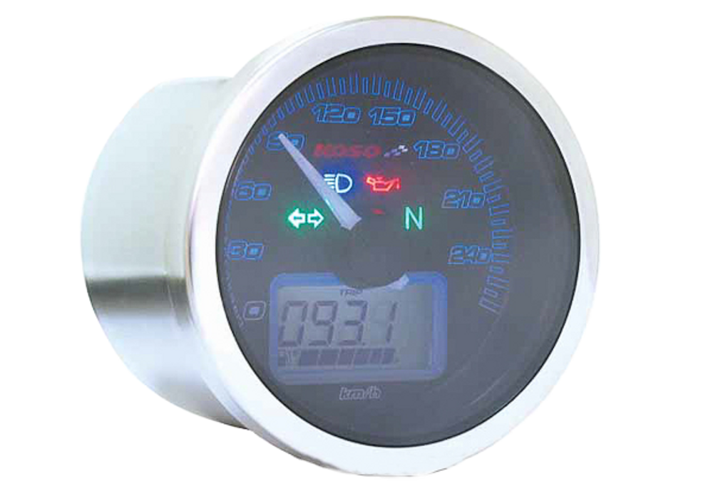 Anleitung Eclipse style Tachometer Koso, schwarzes Display, blau beleuchtet, Anzeige 0-260 km/h / MP