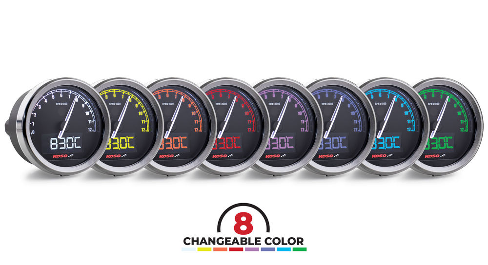 Koso D48 TNT-05 tachometer universal 12,000 RPM silver ring
