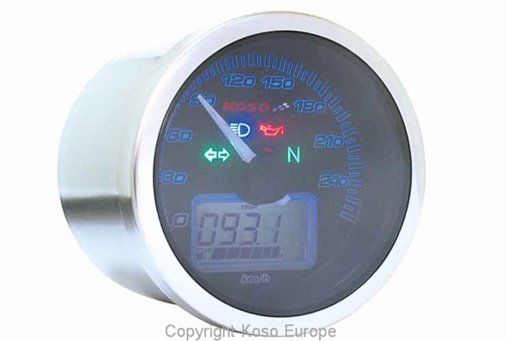 Anleitung Eclipse style Tachometer Koso, schwarzes Display, blau beleuchtet, Anzeige 0-260 km/h / MP