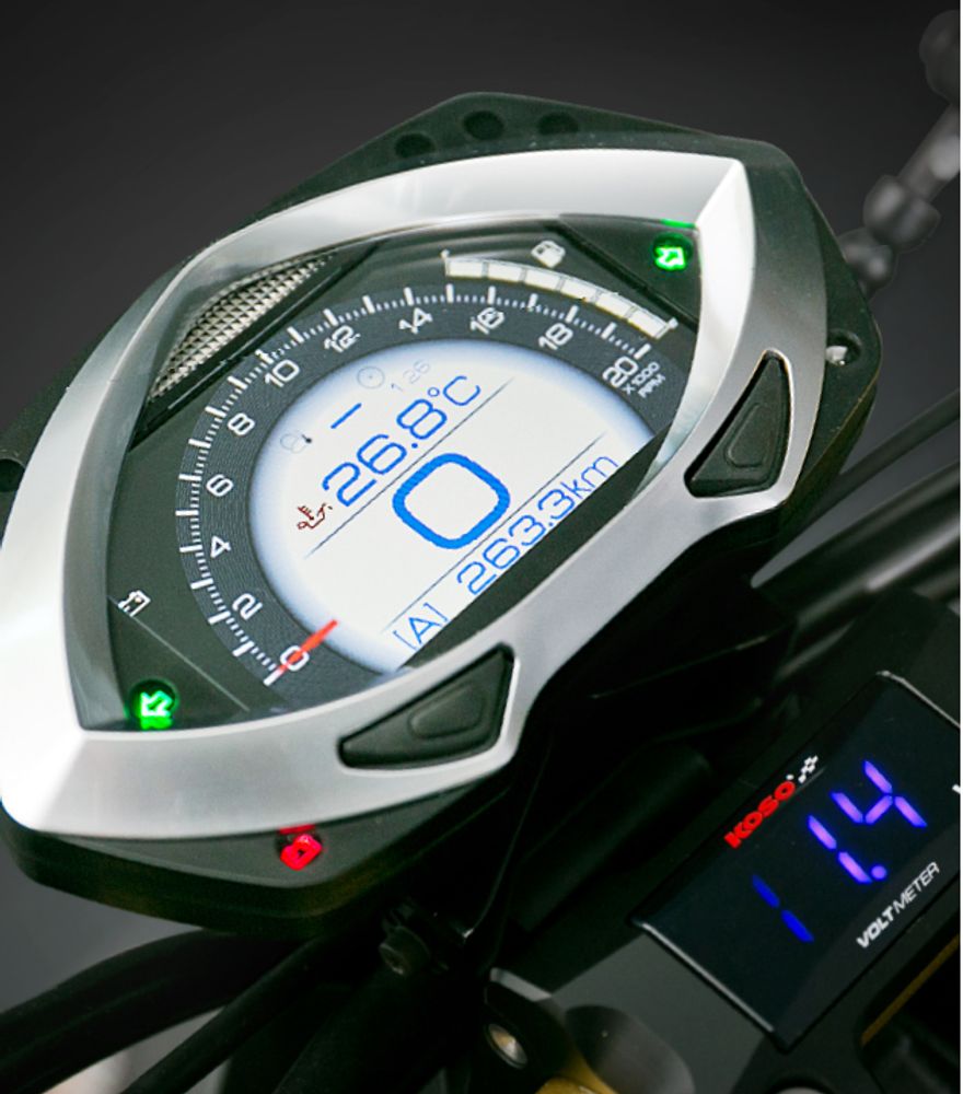 Koso RXF - fully equipped cockpit with TFT technology speedometer, tachometer, external thermometers