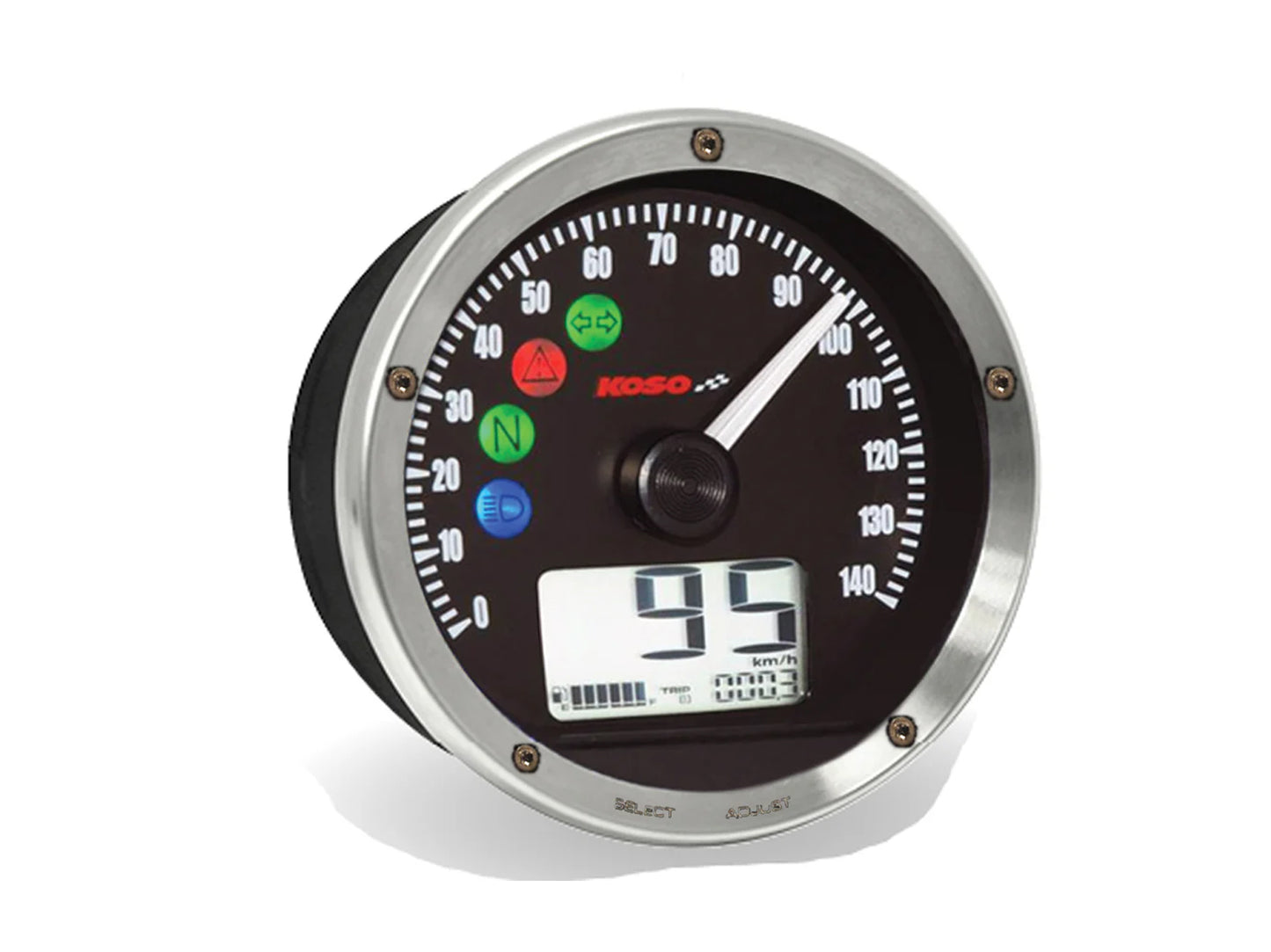 D75 speedometer with black dial, black surface and chrome bezel 0-140 km/h or MP 