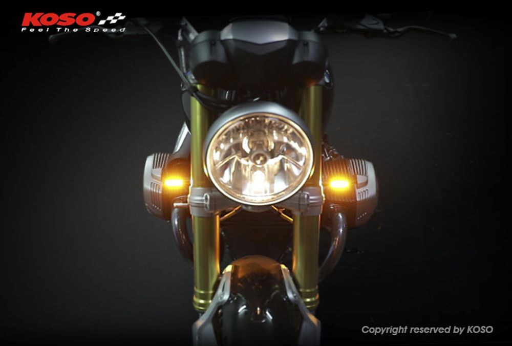 Koso LED indicator ELECTRO E-tested with running light function (black body/smoked glass) 