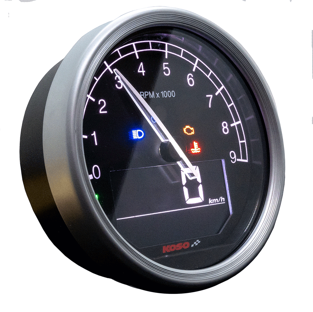 Koso D80 TNT-05 Tachometer / Drehzahlmesser Km/h, MPH ABE silberner Ring