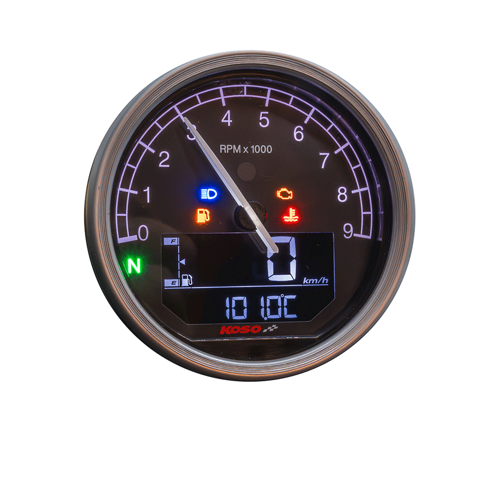 Koso D80 TNT-05 Tachometer / Drehzahlmesser Km/h, MPH ABE silberner Ring