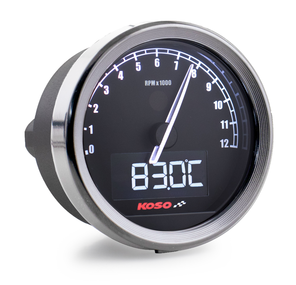 Koso D48 TNT-05 tachometer universal 12,000 RPM silver ring